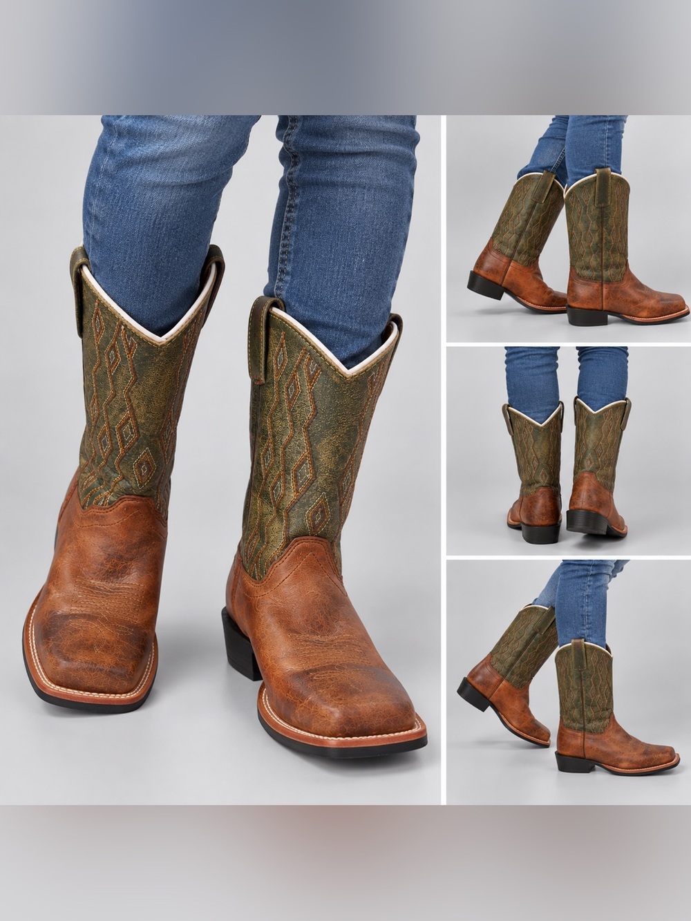 Dan Post Youth Brown & Olive Green Embroidered Square Toe Cowboy Boots Youth 5D - Picture 6 of 9